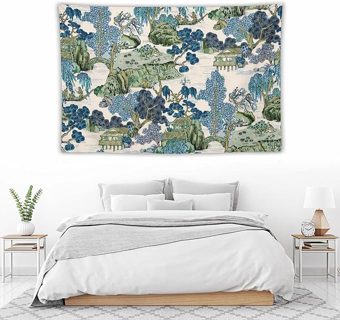 Chinoiserie Tapestry, Asian Watercolor Abstract Art, Japanese Wall Tapestry, Nature Landscape Tapestries for Bedroom, Living Room Decor 90"x60"