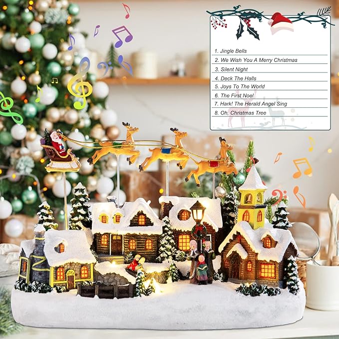 Musical Christmas Village Houses Santa Claus Sledding Reindeer Christmas Collectible Buildings LED Lights Musical Indoor Display Figurines Xmas Decoration