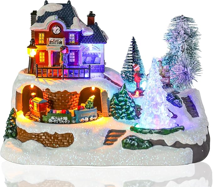VCUTEKA Christmas Village Houses, Rotating Train with Crystal Tree and Peoples Lighted Musical Christmas Village Collectible Building for Xmas Indoor Decorations or Holiday Table Displays