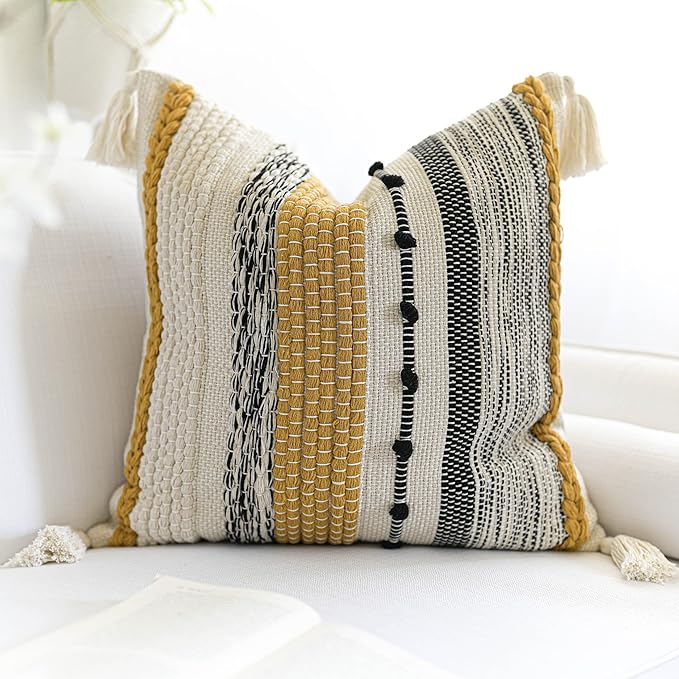 BlissBlush Fall Boho Decorative Throw Pillow Cover 22x22 Square Yellow Mustard Accent Pillowcase Tassels Farmhouse Cushion for Couch Sofa Bedroom Living Room Home Décor Cover ONLY (Pack of 1)