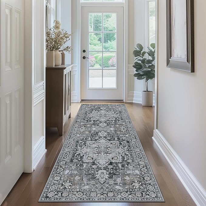 GENIMO 2x6 Runner Rugs for Hallway, Machine Washable Non Slip Vintage Rugs, Low Pile Lightweight Soft Print Rug for enrtyway, Corridor, Home Office, Kitchen,Dark Gray