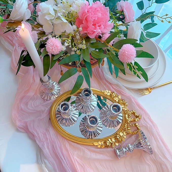 Glass Candlestick Holder,Striped Taper Candle Holders,Set of 6 Candle Stand for Table Centerpieces, Home Decor,Weddings,Festival and Parties (Silver Stripe)