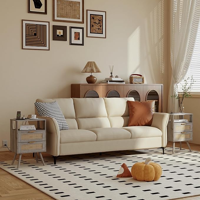 Rattan Nightstand with Charging Station,Farmhouse Bedside Table with 2 Storage Drawer and Open Wood Shelf, for Bedroom and Small Spaces,Night Stand with Solid Wood Legs (Grey Oak-Outlet)