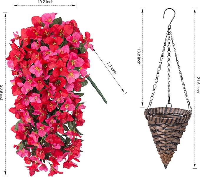 Artificial Bougainvillea Faux Flowers Plants Baskets for Outdoor Outside Decoration, 3 PCS Fake Silk Flowers Long Trailing Vines UV Resistant Realistic for Front Door Porch Patio Balcony, RedHotpink