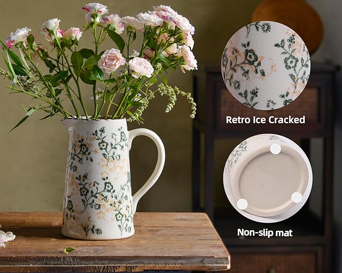 Ceramic Vintage Flower Vase with Handle, Chinoiserie Floral Pitcher Vase for Home Decor, Decorative Vases for Centerpiece Table Decorations, Green and White Vases for Living Room Kitchen Shelf Decor
