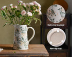 Ceramic Vintage Flower Vase with Handle, Chinoiserie Floral Pitcher Vase for Home Decor, Decorative Vases for Centerpiece Table Decorations, Green and White Vases for Living Room Kitchen Shelf Decor