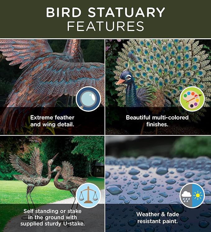 Regal Art & Gift Outdoor Garden Décor, Unique Bird Sculpture, Rustic Metal Bird Statues, Garden Ornaments, Bird Figurine for Lawn, Decorative Sculpture, Crane, Multi, Wings Down, 42" Height