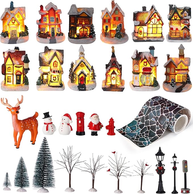 Kajaia 68 Pieces Christmas Winter Houses Village Set, Christmas Bare Branch Trees Snowman Winter Village Town Buildings Accessories Set for Christmas Figurine Village Miniature Home Desktop Decor