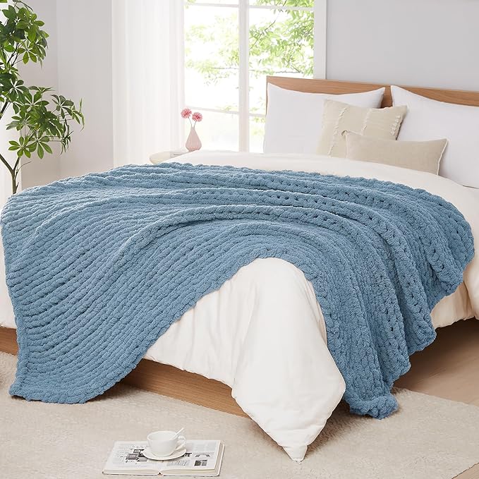 L'AGRATY Chunky Knit Blanket Throw: 60''x80'' Chenille Chunky Knitted Throw Blanket for Bed Couch - Handmade Thick Big Cable Knit Blanket - Large Crochet Rope Blanket for Home Decor(Airy Blue)
