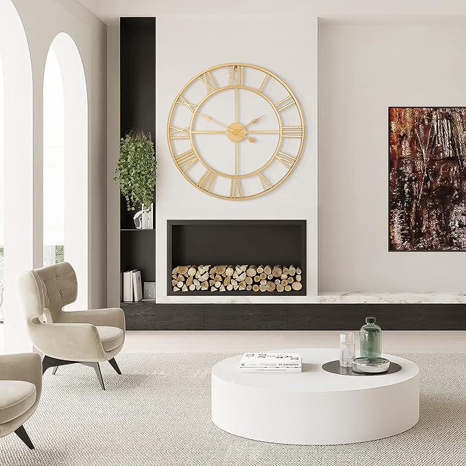 1st owned Large Wall Clock Metal Retro Roman Numeral Clock, Modern Round Wall Clocks Almost Silent, Easy to Read for Living Room/Home/Kitchen/Bedroom/Office/School Decor (Gold, 32 Inch)