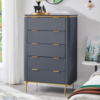 T4TREAM Fluted 5 Drawers Dresser for Bedroom, 48" Tall Modern Dresser Chest of Drawers, Gold Accents, Fluted Fronts, Wood Storage Dressers Organizer for Bedroom, Living Room, Dark Grey