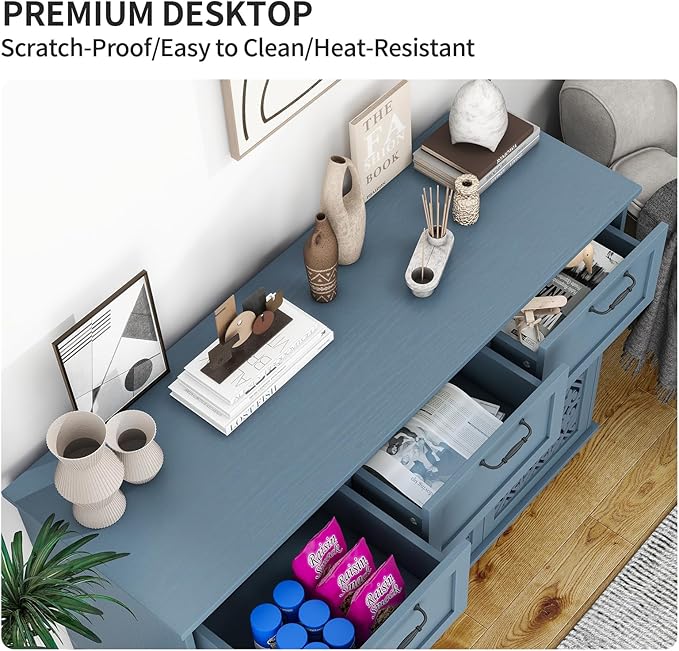 Sideboard Buffet Cabinet with Storage - Modern 3 Door 3 Drawer Farmhouse Wood Credenza for Living Room, Dining Room (Blue)