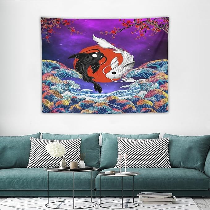 Houselerax Japanese Koi Fish Tapestry, Yin Yang Big Wave Cherry Blossom Tapestries Wall Hanging for Bedroom Living Room Office Decor 40"x30"