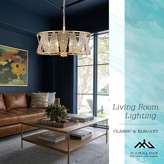 Modern Glass Chandelier 24in Gold Drum Chandelier Light Fixture 8-Light Hammered Crystal Glass Ceiling Chandelier Lighting for Living Room Dining Room Bedroom High Ceiling Entry Foyer