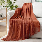 MIULEE Fall Rust Knitted Throw Blanket for Couch Terracotta Boho Textured Cozy Woven Rustic Blanket with Tassels for Sofa Chair Bed Living Room Farmhouse Decor Acrylic Wave Pattern 50"x60"