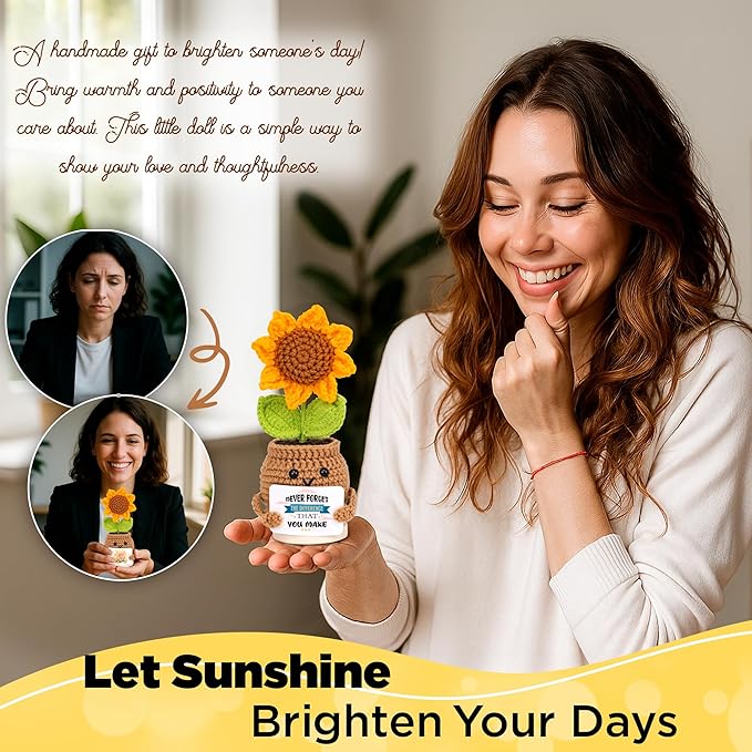 Crochet Sunflower Doll with Positive Cards – Emotional Support Stand with Magnetic Hands Hold Custom Cards - Thank You for Helping Me Grow Gift for Teachers, Coworkers & Friends