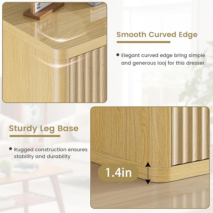 Fluted 9 Drawers Dresser, 57" Wide Dresser for Bedroom, Modern Chest of Drawers with Curved Profile, Handleless, Wood Large Dressers TV Stand with Organizer Storage, Living Room, Natural