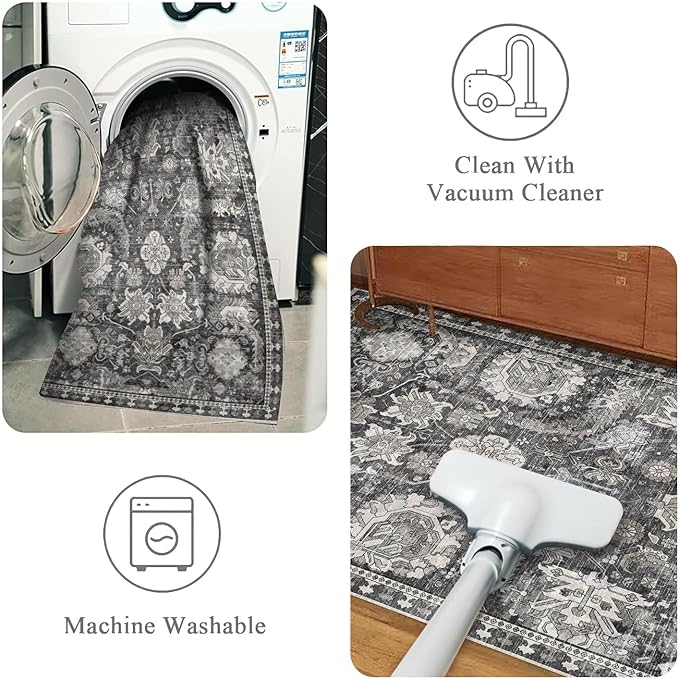 RUGSURE Washable Area Rugs - Perfect for Living Room, Bedroom, Kids Room, Nursery - Stain & Water Resistant Non-Slip, Pet & Child Friendly, Vintage Tribal Area Rugs (Grey, 3' x 5 ')