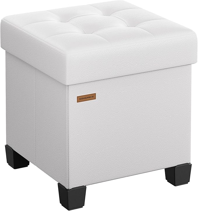 SONGMICS Storage Ottoman, Cube Ottoman with Legs, 15 x 15 x 15.7 Inches, Footstool, Footrest, 10 Gal. (37 L), Synthetic Leather, for Bedroom, Living Room, Dorm, Cloud White ULSF0512W02