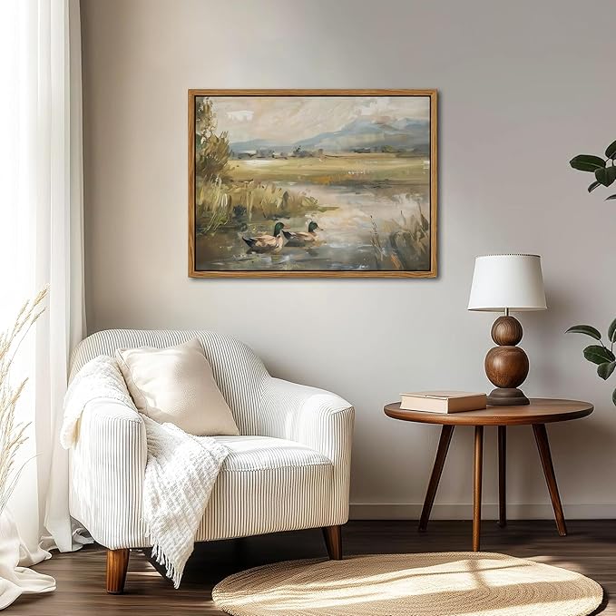 Floating Framed Canvas Wall Art, Vintage Mallard Duck Oil Paintings Print, Countryside Art Wildlife Nature Pond Wall Decor for Living Room, Bedroom, Office, Rustic Decor 16x24 inch