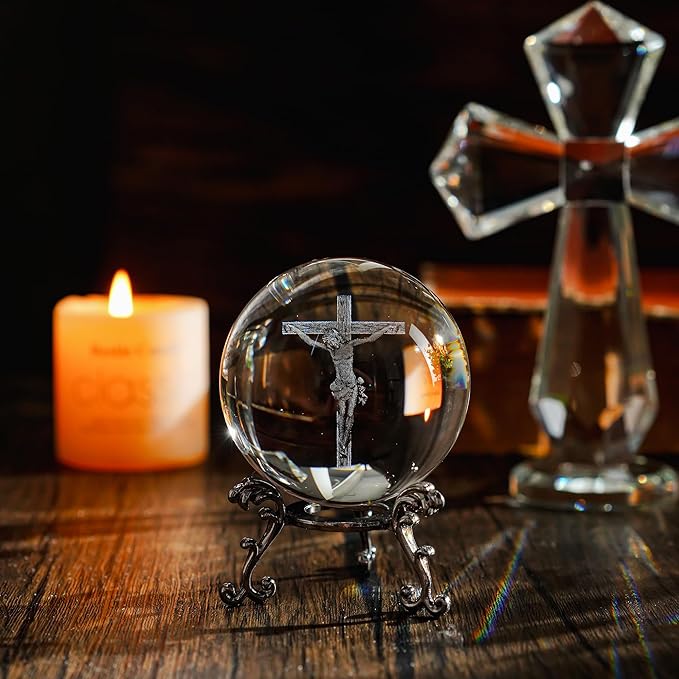 60mm 3D Glass Laser Etched Cross Jesus Crystal Ball with Stand Jesus Crucifixion Scene Figurine Crystal Cross Jesus Easter Decoration for Christianity Catholic