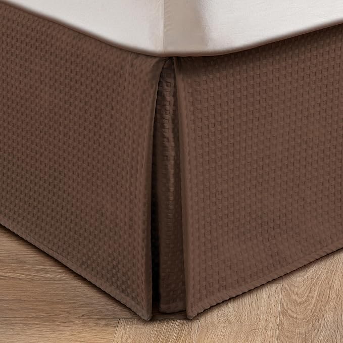 MIYE Pleated Waffle Weave Bed Skirt, Tailored Dust Ruffle 18 Inch Drop Easy Fit, Machine Washable (Brown, Full - 18" Drop)