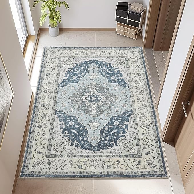 Topllen Washable Area Rug - 3'x5' Boho Bedroom Rug Indoor, Non-Slip Low-Pile Rugs for Living Room Bathroom Kitchen Front Door, Entry Throw Carpet Stain Resistance (Blue, 3x5ft)