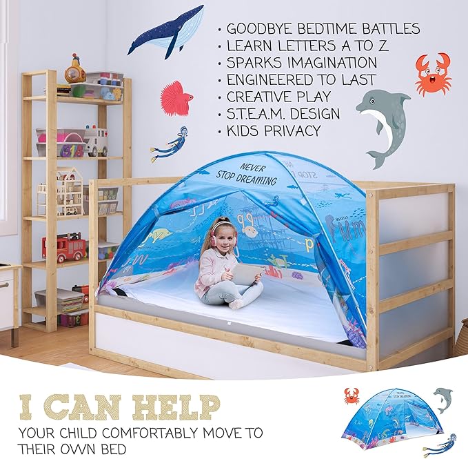 Water World Twin Bed Tent for Kids Indoor Fort - Magical Dream Tents for Boys Pop Up Toddler Bed Canopy for Girls Bunk Bed Tent for Top Bunk - Sensory Sleep Pod for Kids Educational