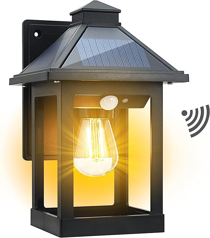 Solar Powered Wall Lanterns Outdoor with 3 Modes, Dusk to Dawn Motion Sensor LED Sconce Lights Waterproof, Exterior Front Porch Security Lamps Wall Mount Patio Fence Decorative Light Fixtures