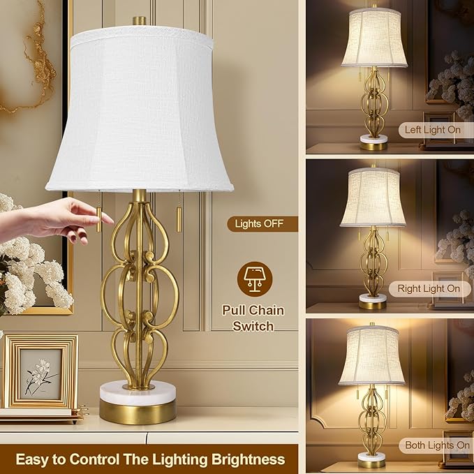 Scenekoy Table Lamp Set of 2 with USB Ports, Pull Chains Switch, 28” Gold Leaf Curved Iron Art Bedside Lamps with Linen Shade for Living Room Bedroom, Nightstand Lamps for Home Room Decor