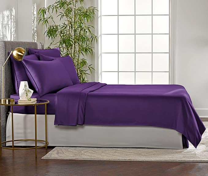 Queen Sheets by Pure Bamboo, Genuine 100% Organic Viscose Derived from Bamboo Bed Sheet Set, Luxuriously Soft & Cooling, Double Stitching, Lifetime Quality Promise (Queen, Purple)