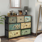 Tohomeor Dresser with Drawers for Bedroom Chest of Drawers Fabric Dresser for Closet,Nursery Entryway Hall Tree TV Stand for Living Room Retro Floral Pattern Drawers Wooden Top (7 Drawers)