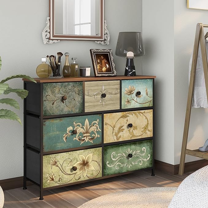 Tohomeor Dresser with Drawers for Bedroom Chest of Drawers Fabric Dresser for Closet,Nursery Entryway Hall Tree TV Stand for Living Room Retro Floral Pattern Drawers Wooden Top (7 Drawers)