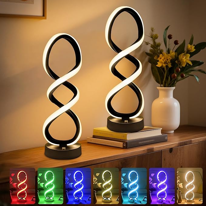 Modern Table Lamp, 7 Colors 10 Light Modes Spiral Design Table Lamp, Touch Dimmable Nightstand Lamp, Unique Bedside Lamp for Living Room, Bedroom, Cool Lamps, Black, 2 Pack