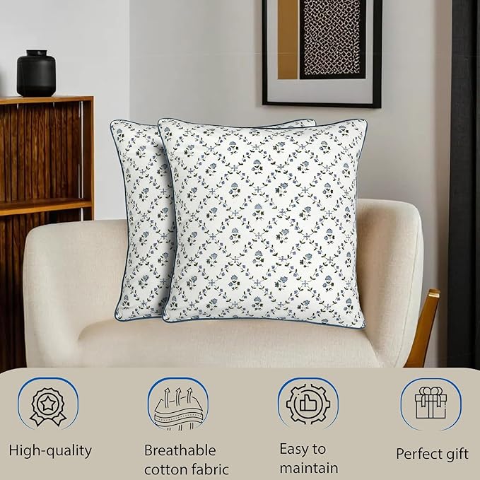 Ridhi Powder Blue Block Print Preppy Grandmillennial Pillow Cover Set of 2-18" x 18" Throw Pillow for Home White Floral Pillow Cover Grandmillennial Home Decor Thanksgiving