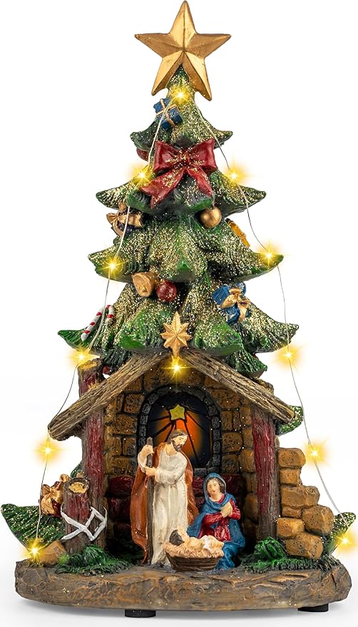 12'' Christmas Tree Lighted Manger Nativity Scene, Musical Holy Family Figurines LED Light Play Silent Night Music, Battery & USB Home Decor Gifts Festive Holiday Decorations