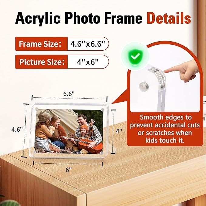 FIXSMITH 4x6 Acrylic Picture Frames 2 Pack, Clear Picture Frame with Stand, Magnetic Acrylic Photo Frames for Tabletop Display Horizontally or Vertically, Acrylic Floating Frame for Home Office