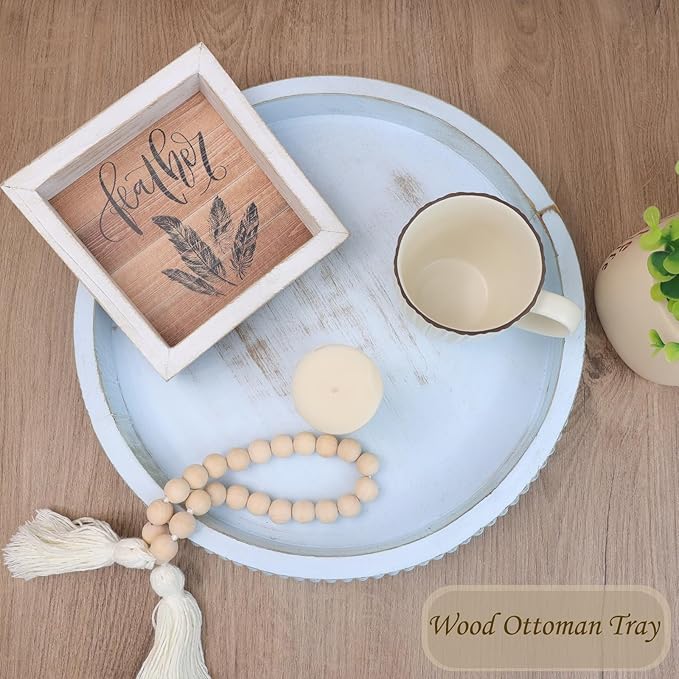 Round Wood Serving Tray with Beads, Blue Washed Wooden Decorative Tray for Entertaining, Decoration, and Gifting