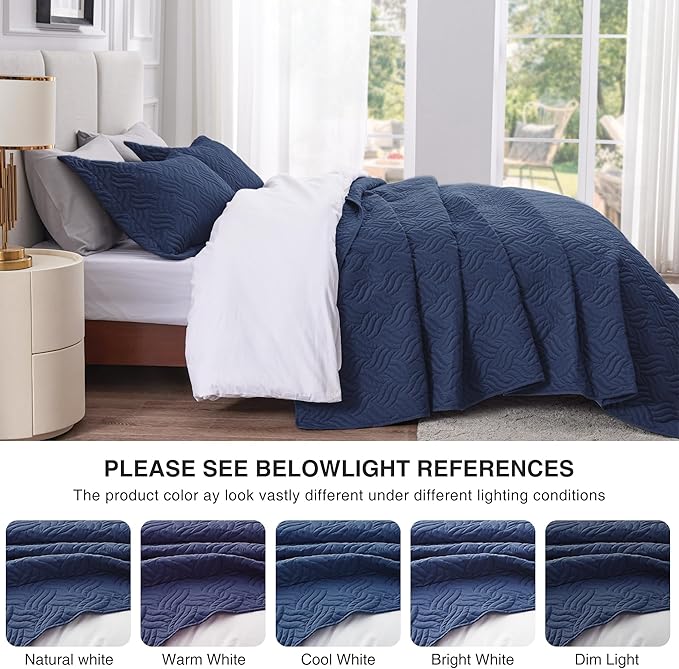 Love's cabin California King Size Quilt Bedding Set Navy Bedspread - Cal King Summer Lightweight Bedspread Comforter - Wave Pattern Coverlet for All Season - 3 Pieces (1 Quilt, 2 Pillow Shams)