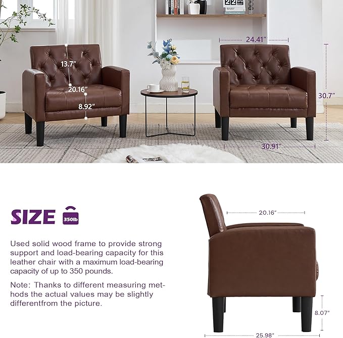 TYBOATLE Accent Chairs Set of 2 Comfy Living Room Chair Leather Tufted Mid Century Modern Accent Chair, Small Cozy Reading Arm Chair for Office, Bedroom (2, Brown)