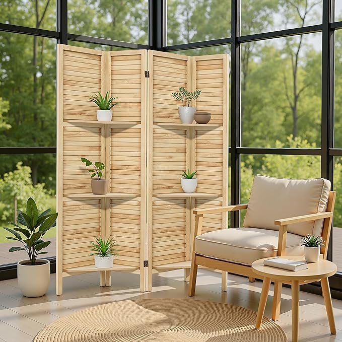 Osparple Room Divider with Shelves 4 Panel Wooden Folding Room Dividers Privacy Screen Wall Divider for Room Separation for Office and Apartment, Natural