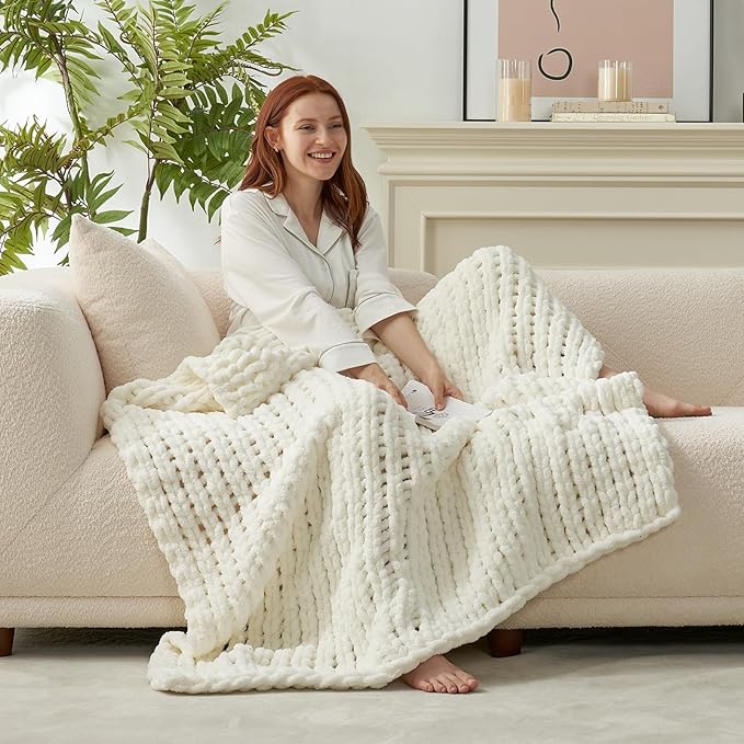 Amélie Home Chunky Knit Throw Blanket for Couch, Soft Chenille Crochet Blanket for Sofa, 50"x60", Ivory