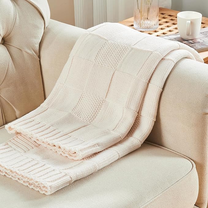 CozeCube Check Knit Throw Blanket, Cream White Checkered Throw for Couch, Decorative Christmas Soft Cozy Warm Knitted Blanket for Bed Sofa Living Room, 50"X60"