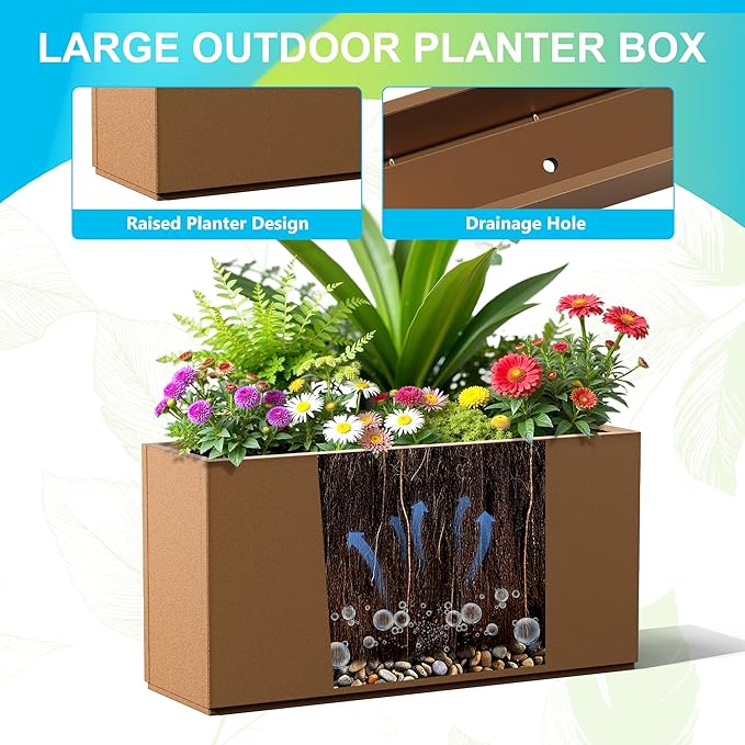 FENCY Metal Rectangular Planter Box, Large Planters for Outdoor Plants, Tall Planters for Outdoor Plants with Drainage Holes (32" L x 10" W x 16.3" H,Brown)