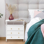 3 Wooden Drawers Nightstand, 27 Inch Wide Night Stand Set 2 with Charging Station and Adjustable Drawers, Small Dresser for Closet, Bedside Table for Living Room/Bedroom/Office, White.