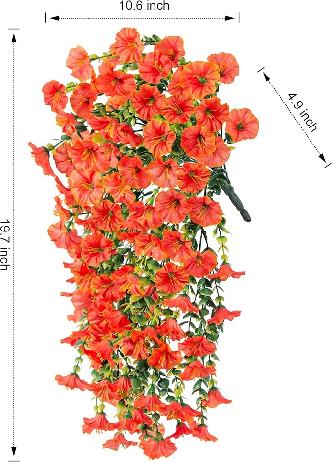 Ivydale 2 PCS Artificial Fall Hanging Flowers Fake Plants Outdoor,Silk Morning Glory Faux Flowers with Eucalyptus,UV Resistant Realistic Petunias Plants for Home Garden Decor (Orange(Leaves Green))