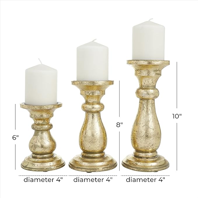 Deco 79 Mango Wood Decorative Candle Holder Turned Style Pillar Candle Stand, Set of 3 Candlestick Holder 10", 8", 6"H, Gold