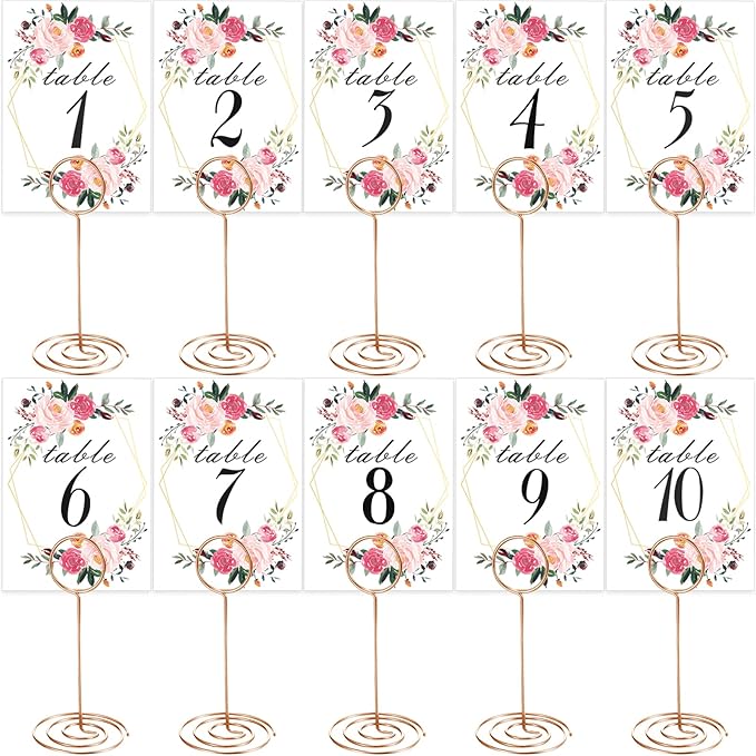 26 PCS Table Number Holder - Table Card Holder Stand Wire Photo Holder with 26 Pcs Floral Table Number Cards, Place Card Holder Stand for Weddings Party Office Paper Memo Menu Note Clips