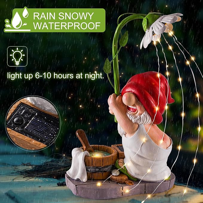 WINTS Garden Gnomes Outdoor Statue with Solar Lights,Bathing Funny Gnome Solar Garden Decorations for Lawn, Balcony,Yard,Patio Gnome Gifts for Mom