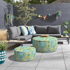 Inflatable Ottoman Stool D31 xH14 for Outdoor/Indoor Use, Water Repellent Patio Foot Rest Stool with Portable Handle,Round Pouf Ottoman Suitable for Garden,Deck and Camping - Damask Green